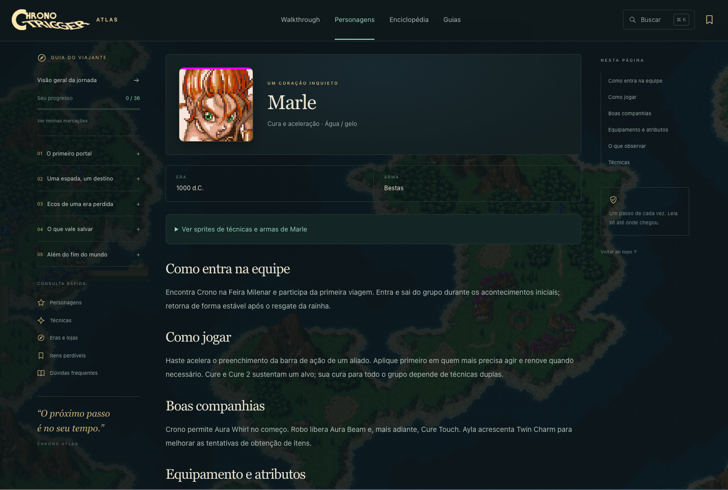 Ficha de Marle com técnicas, equipamentos e estratégias de equipe