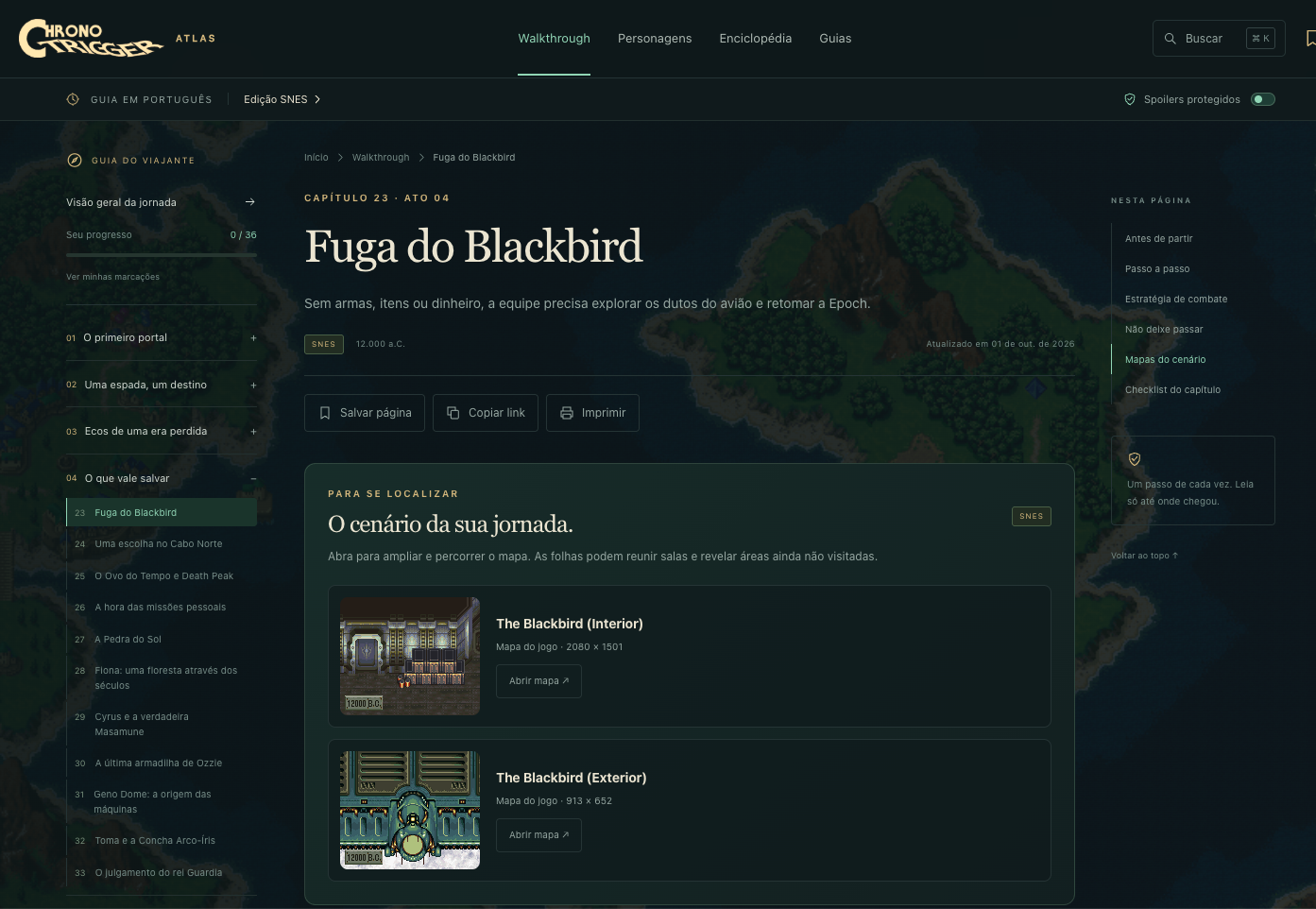 Capítulo Fuga do Blackbird com navegação por atos, checklist e mapas