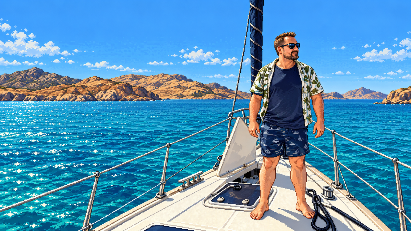 Júlio em pixel art a bordo de um veleiro branco no mar turquesa