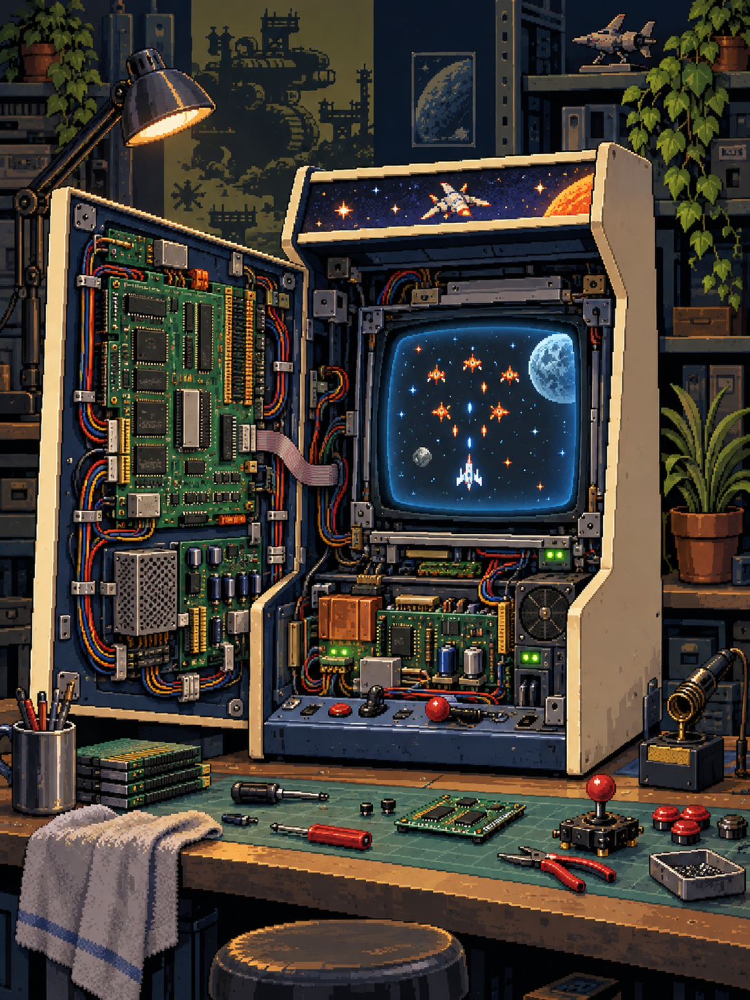 Uma máquina arcade aberta revela circuitos e mundos em pixel art