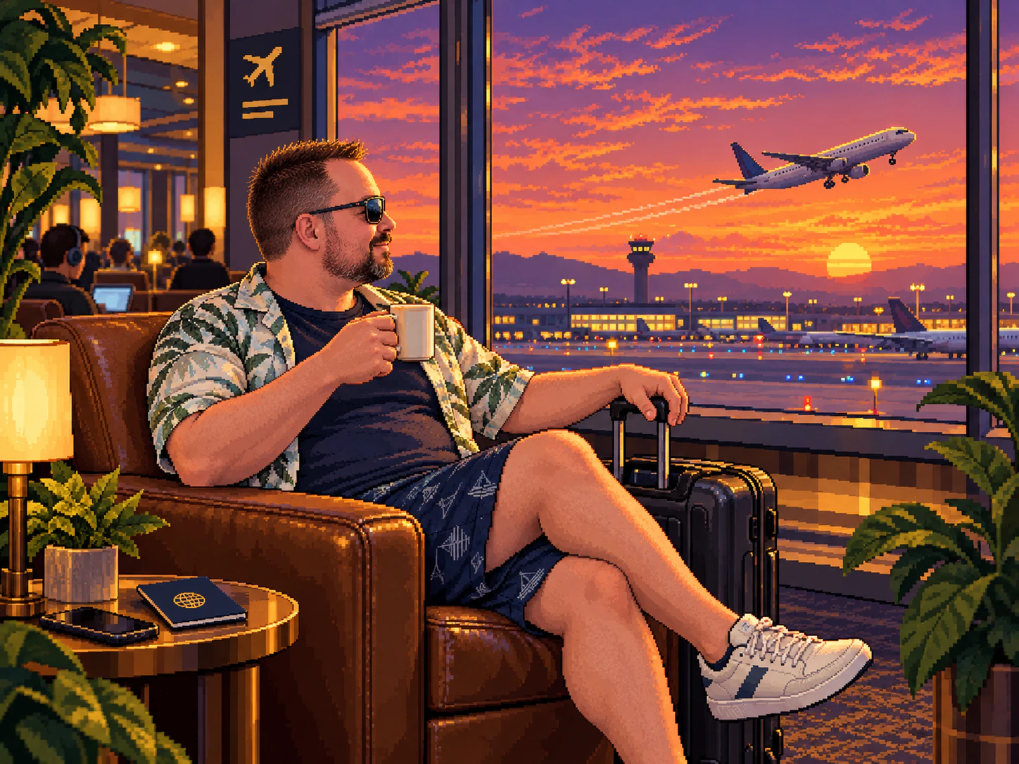 Shiu no aeroporto, olhando um avião decolar