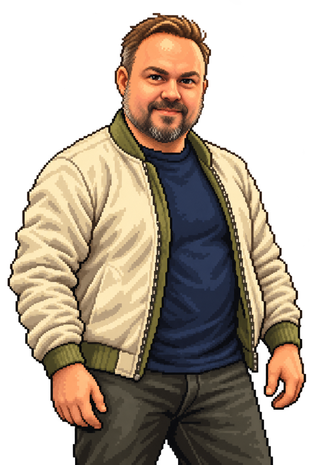 Personagem de Júlio Shiu em pixel art com jaqueta creme e camiseta azul